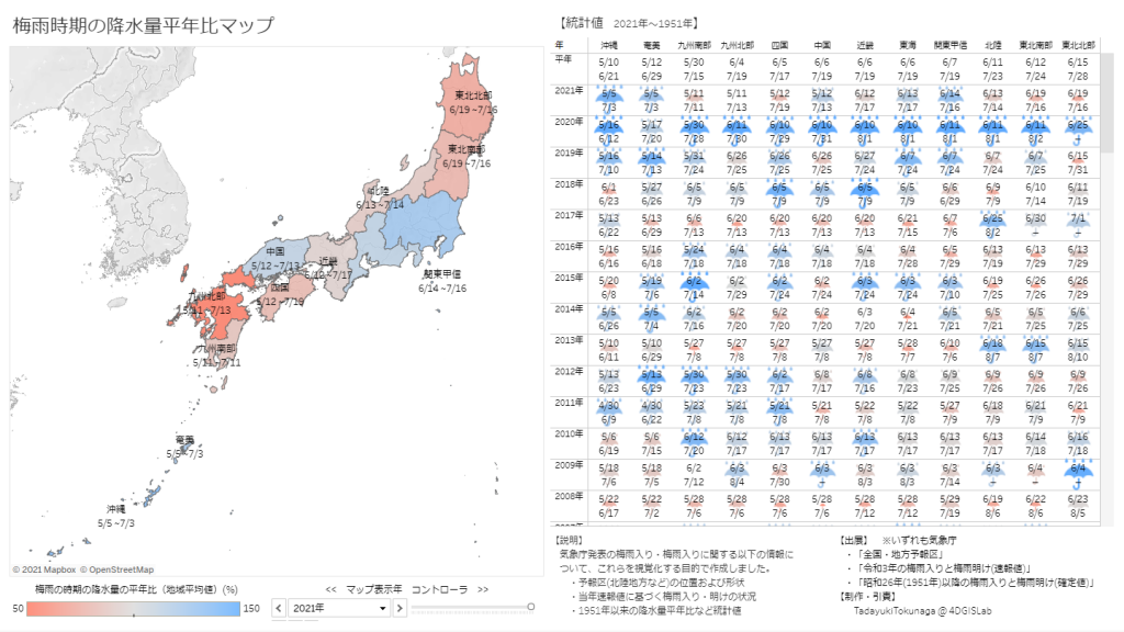 梅雨時期の降水量平年比マップ